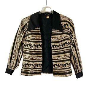 Vintage‎ 70’s Gold Disco Jacket Shirt L Black Big Lapels, Baroque, lamé